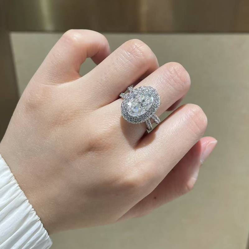 蛋形女戒S925银镀白金定制选款主石莫桑钻4.5ct/副石高碳钻